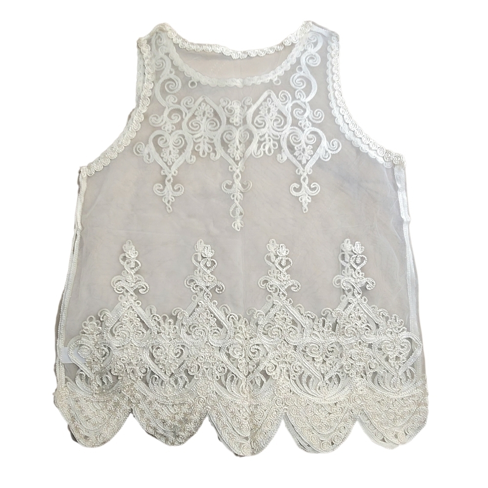 Ooh La La Sheer Lace Embroided White Tank Top - S - Picture 5 of 8